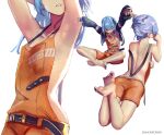  1girl absurdres armpits back blue_eyes blue_hair blue_nails erasorpepero flat_chest grin highres hololive hoshimachi_suisei jacket juice_box long_hair lying mouth_hold nail_polish naked_overalls on_stomach orange_overalls overalls parted_lips presenting_armpit simple_background sitting smile solo sunglasses toenail_polish toenails virtual_youtuber white_background 