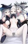  3girls absurdres adapted_costume arknights bar_censor black_gloves black_headwear breasts cameltoe censored fff_threesome gloves grey_eyes grey_hair group_sex hat highres irene_(arknights) large_breasts long_hair medium_breasts mizuhashi_parusui multiple_girls navel nipples open_clothes open_shirt own_hands_together pantyhose red_eyes scar scar_across_eye skadi_(arknights) specter_(arknights) specter_the_unchained_(arknights) spread_legs thighband_pantyhose threesome very_long_hair white_pantyhose yuri 