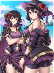  2girls :d alternate_costume alternate_hair_length alternate_hairstyle ass aura bare_shoulders bikini bikini_shorts bikini_skirt black_bikini black_coat black_hair black_headwear blush bow breasts cleavage clothing_cutout coat collarbone cowboy_shot crossed_arms dark_aura dual_persona fire fire_emblem fire_emblem_awakening fire_emblem_heroes flower food frilled_bikini frills front-tie_top hat hibiscus highres holding holding_food ice_cream ice_cream_cone looking_at_viewer looking_back medium_hair miniskirt morgan_(female)_(devoted_darkness)_(fire_emblem) morgan_(female)_(fire_emblem) morgan_(fire_emblem) multiple_girls nao_(dualbloodlines) navel navel_cutout ocean off_shoulder one-piece_swimsuit open_clothes open_coat open_mouth outdoors purple_bikini purple_bow purple_eyes purple_fire red_eyes short_hair shorts skirt smile sun_hat swimsuit 