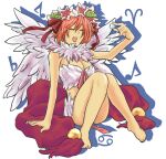  1girl :d barefoot bikini bow breasts cancer_(zodiac) cleavage closed_eyes commentary_request feathered_wings full_body hair_between_eyes hair_ribbon large_bow large_breasts long_bangs minorigo_flow musical_note open_mouth pink_hair ragnarok_online red_bow red_ribbon ribbon short_hair sitting smile solo swimsuit wanderer_(ragnarok_online) white_background white_bikini white_wings wings 