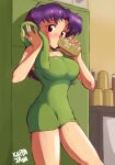  1girl after_bathing blush breasts brown_eyes highres kappajava katsuragi_misato large_breasts long_hair looking_at_viewer neon_genesis_evangelion purple_hair solo solo_focus 