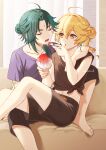  2boys :o aether_(genshin_impact) ahoge ar_(rikuesuto) arm_tattoo bare_legs barefoot black_shorts blonde_hair closed_eyes crop_top earrings feeding feet food genshin_impact green_hair hair_between_eyes hair_bun holding holding_spoon jewelry long_hair male_focus midriff multicolored_hair multiple_boys navel open_mouth purple_shirt shared_food shaved_ice shirt short_hair short_sleeves shorts single_hair_bun spoon stomach t-shirt tattoo toes xiao_(genshin_impact) yaoi yellow_eyes 