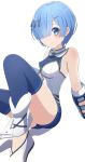  1girl alternate_costume armor ass bare_shoulders blue_eyes blue_hair blush breasts camui1104 closed_mouth commentary_request gauntlets hair_ornament hair_over_one_eye highres jewelry looking_at_viewer medium_breasts official_alternate_costume on_floor re:zero_kara_hajimeru_isekai_seikatsu rem_(re:zero) short_hair simple_background sitting smile solo thighhighs thighs white_background x_hair_ornament 