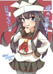  1girl absurdres akatsuki_(kancolle) akatsuki_kai_ni_(kancolle) black_hair black_sailor_collar black_skirt blue_eyes character_name commentary_request cowboy_shot grey_pantyhose hand_on_own_chin hand_on_own_hip hat highres kantai_collection kitahama_(siroimakeinu831) long_hair looking_at_viewer neckerchief one-hour_drawing_challenge pantyhose paper_hat paper_kabuto pleated_skirt red_neckerchief sailor_collar skirt solo translation_request twitter_username white_background 