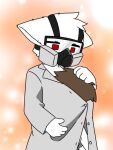  anthro brown_hair canid canine canis changed_(video_game) clothing coat cursor_nemui dr._k_(changed) duo embrace fur gas_mask hair head_tuft hug human lab_coat lin_(changed) male mammal mask orange_background red_eyes simple_background topwear tuft white_body white_fur wolf 