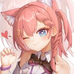  1girl ;) absurdres animal_ear_fluff animal_ears asta_(honkai:_star_rail) bare_shoulders black_bow black_bowtie blue_eyes bow bowtie braid cat_ears commentary_request fang fang_out hair_ornament hand_up head_tilt heart highres honkai:_star_rail honkai_(series) kemonomimi_mode lingfoxcartoon looking_at_viewer medium_hair nail_polish one_eye_closed one_side_up pink_hair pink_nails shirt sleeveless sleeveless_shirt smile upper_body zoom_layer 