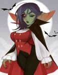  1girl absurdres bat_(animal) black_cape black_hair black_pants black_sclera breasts cape colored_sclera colored_skin female_goblin goblin green_skin highres large_breasts long_hair looking_at_viewer maewix_(artist) one_eye_closed original pants pointy_ears puffy_sleeves red_cape red_eyes red_vest scar scar_across_eye shirt solo two-sided_cape two-sided_fabric vest white_shirt 