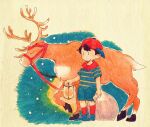  1boy animal black_hair blue_footwear blue_shorts closed_mouth frown holding holding_lantern holding_sack lantern male_child male_focus mother_(game) mother_1 ninten no_nose red_headwear red_socks reindeer sack shirt short_hair shorts sideways_hat socks striped striped_shirt ucon_tea 