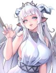  1girl animal_ears bloody0rabby blue_eyes blue_nails blunt_bangs breasts character_request earrings fingernails highres horns jewelry large_breasts long_hair looking_at_viewer nail_polish parted_lips shirt sleeveless sleeveless_shirt solo tiara trickcal white_hair 