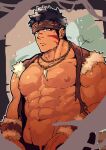  1boy abs bara black_hair brown_headband closed_mouth copyright_request ear_piercing flee_ad grey_eyes headband highres jewelry looking_at_viewer male_focus muscular muscular_male necklace nipples pectorals piercing short_hair solo tan tooth_necklace upper_body 