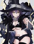  1girl :3 artist_name bandeau black_shorts blair_(soul_eater) breasts cleavage collar cropped_legs fingernails foreshortening grey_background hat highres lightning midriff navel one_eye_closed purple_hair short_shorts shorts signature solo soul_eater strapless teasugarr thighhighs tongue tube_top witch_hat 