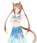  1girl animal_ears bare_shoulders bikini blue_bikini brown_hair closed_mouth cosplay crossed_arms enomori_neko feet_out_of_frame flat_chest frown hair_rings horse_ears horse_girl horse_tail long_hair looking_at_viewer navel purple_eyes sarong silence_suzuka_(emerald_on_the_waves)_(umamusume) silence_suzuka_(umamusume) silence_suzuka_(umamusume)_(cosplay) simple_background solo standing sweep_tosho_(umamusume) swimsuit tail twintails umamusume v-shaped_eyebrows white_background wristband 
