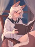  1girl animal_ears artist_name blue_eyes book commentary curtains english_commentary fox_ears fox_girl fox_tail freckles heterochromia highres holding holding_book indoors light_smile long_hair long_sleeves losse_(personal_ami) night open_book original personal_ami reading sitting solo tail thick_eyebrows white_hair window yellow_eyes 