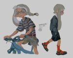  1girl bicycle black_shirt black_shorts braid dr_mice grey_background grey_hair grey_shorts ground_vehicle inkling inkling_girl long_hair long_sleeves multiple_views pointy_ears red_socks riding sandals shirt short_sleeves shorts side_braid simple_background socks splatoon_(series) splatoon_3 striped striped_shirt tentacle_hair walking 