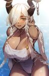  1girl arm_behind_head asymmetrical_bangs azur_lane bracelet braid breasts brown_horns cameltoe covered_navel dark-skinned_female dark_skin earrings hair_over_one_eye highleg highleg_swimsuit highres horn_ornament horns jewelry large_breasts long_bangs long_hair looking_at_viewer low_twin_braids maitei_roppa mole mole_under_mouth necklace one-piece_swimsuit one_eye_covered open_mouth orange_eyes owari_(azur_lane) owari_(shimmering_forsythia)_(azur_lane) revealing_clothes smile solo swimsuit twin_braids very_long_hair water white_hair white_one-piece_swimsuit 