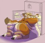  2022 anthro appliance belly big_belly big_butt black_nose butt butter canid canine canis chubby_cheeks coyote dairy_products eyes_closed food fridge fur hair hi_res kitchen_appliance lying male mammal nude obese obese_anthro obese_male on_front overweight overweight_anthro overweight_male paws rain_(vanillayote) solo tail tan_body tan_fur vanillayote 