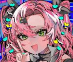  1girl commentary_request green_eyes hair_ornament highres mole mole_under_eye momae_makku multicolored_hair nicole_demara open_mouth pink_hair streaked_hair two_side_up v zenless_zone_zero 