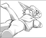 anthro backsack balls bandai_namco bottomless butt clothed clothing digimon digimon_(species) genitals headphones heibanhikaru hoodie lying male on_front scalie scar shoutmon sketch solo topwear 