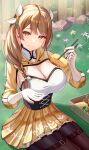  1girl boku_no_edamame braid breasts brown_eyes brown_hair chopsticks cleavage cleavage_cutout closed_mouth clothing_cutout fire_emblem fire_emblem_engage food gloves goldmary_(fire_emblem) hair_ribbon highres holding holding_chopsticks large_breasts long_hair long_sleeves looking_at_viewer on_grass pantyhose pleated_skirt ribbon side_braid skirt smile white_gloves white_ribbon 