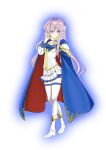  1girl boots cape collar cosplay fire_emblem fire_emblem:_genealogy_of_the_holy_war hand_in_own_hair headband highres julia_(fire_emblem) long_hair purple_eyes purple_hair seliph_(fire_emblem) seliph_(fire_emblem)_(cosplay) siglud1225 simple_background solo thighhighs thighs white_headband 