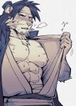  abs animal_ears arknights bara beard breath chest_hair chinese_clothes facial_hair furry furry_male headband heavy_breathing huai_tianpei_(arknights) long_hair male_focus mature_male muscular nipples pectorals sunspotfish sweat tiger_stripes 