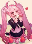  1girl :d absurdres blush bow cupcake danganronpa_(series) danganronpa_another_episode:_ultra_despair_girls fake_horns food frills gumiighost hair_bow hairband heart highres holding holding_food horns jacket kneeling long_hair long_sleeves looking_at_viewer open_clothes open_jacket open_mouth pantyhose pink_eyes pink_hair pink_pantyhose shirt skirt smile solo striped striped_pantyhose teeth twintails upper_teeth_only utsugi_kotoko very_long_hair white_pantyhose 