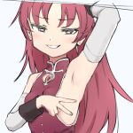  1girl armpit_crease armpits black_eyes breasts collar detached_sleeves long_hair mahou_shoujo_madoka_magica red_hair sakura_kyoko sideboob simple_background small_breasts soul_gem uasi v white_background 