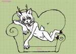  2023 888g888 anthro antlers balls blush cervine choker colored_nails deer digital_drawing_(artwork) digital_media_(artwork) english_text flaccid flat_colors freckles freckles_on_face freckles_on_feet freckles_on_hands freckles_on_hips freckles_on_shoulders fur furniture genitals girly green_background green_eyes hair hooves horn humanoid_genitalia humanoid_penis jewelry kemono looking_away loveseat lying male mammal microsoft_paint mori_akino_(888g888) nails navel necklace nude on_side penis ribbon_choker scut_tail short_tail simple_background sofa solo tail text watermark white_body white_fur white_hair 