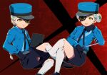  2girls armband baton_(weapon) black_footwear black_ribbon black_shorts blue_headwear blue_shirt braid caroline_(persona_5) clipboard closed_mouth double_bun expandable_baton eyepatch grin hair_bun high_heels holding holding_clipboard justine_(persona_5) long_sleeves masuiiizo matching_outfits multiple_girls persona persona_5 red_background ribbon shirt shorts siblings smile socks twins weapon white_socks yellow_eyes 