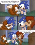  absurd_res anthro archie_comics canid canine eulipotyphlan female forest forest_background fox ground_squirrel group hedgehog hi_res kissing_cheek male mammal miles_prower nature nature_background omatic plant rodent sally_acorn sciurid sega sonic_the_hedgehog sonic_the_hedgehog_(archie) sonic_the_hedgehog_(comics) sonic_the_hedgehog_(series) tree village whoreomatic 