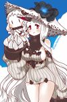  absurdly_long_hair abyssal_ship blush blush_stickers claws colored_skin flower hat highres horns kantai_collection kobone long_hair mittens northern_ocean_princess pale_skin red_eyes seaport_princess single_horn size_difference very_long_hair white_hair white_skin 