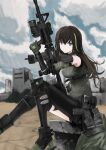  1girl absurdres assault_rifle asymmetrical_legwear belt black_footwear blue_sky breasts brown_eyes brown_hair building cloud commentary_request detached_sleeves foot_out_of_frame full_body girls&#039;_frontline gloves green_hair green_sweater gun hair_between_eyes highres holding holding_weapon large_breasts long_hair looking_at_viewer m4_carbine m4a1_(girls&#039;_frontline) m4a1_(mod3)_(girls&#039;_frontline) magazine_(weapon) multicolored_hair nisoichi outdoors pouch rifle sitting sky sleeveless sleeveless_sweater smile solo streaked_hair sweater twitter_username vertical_foregrip weapon 