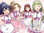  4girls antenna_hair apron black_hair blue_eyes blush bow bowtie breasts brown_eyes brown_hair cake cake_slice closed_eyes commentary dot_nose dress fang food frilled_apron frilled_sleeves frills ganaha_hibiki green_eyes green_hair hair_between_eyes hand_up holding holding_tray idolmaster idolmaster_million_live! idolmaster_million_live!_theater_days koma_tori long_hair looking_at_viewer maid maid_headdress medium_breasts multiple_girls nikaidou_chizuru official_alternate_costume open_mouth parted_bangs pink_background pink_bow pink_bowtie pink_dress ponytail puffy_sleeves shimabara_elena shirt sidelocks skirt_hold smile symbol-only_commentary tanaka_kotoha thighhighs tray waist_apron wavy_hair white_shirt white_thighhighs wrist_cuffs 