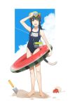  1girl :d absurdres animal_ears bandaid bandaid_on_leg bare_legs barefoot black_hair black_one-piece_swimsuit border cat_ears cat_girl cat_tail collarbone feet fish_tank full_body goggles goggles_on_head green_eyes hand_on_goggles hermit_crab highres holding holding_innertube hoshi_rasuku innertube legs_apart long_bangs long_hair looking_at_viewer name_tag one-piece_swimsuit open_mouth original outside_border sand school_swimsuit sidelocks smile snorkel solo swimsuit tail teeth toes trowel upper_teeth_only white_border 