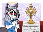  absurd_res anthro bible_verse canid canid_demon clothing covering covering_self cross demon digital_media_(artwork) english_text female halo headscarf hellhound helluva_boss hi_res kneeling loona_(helluva_boss) love mammal modest modesty praying respect sketchymouse smile solo t text wholesome 