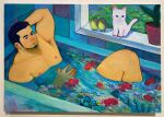  1boy absurdres acrylic_paint_(medium) arm_behind_head armpits bara bathing bathtub bird cat completely_nude feet_out_of_frame fish fish_tank from_above goldfish grass green_bird highres knee_up light_smile looking_ahead male_focus mature_male moss muscular muscular_male nipples nude original painting_(medium) pectorals photo_(medium) plant potted_plant short_hair sideburns solo thick_eyebrows thighs torajiro_art traditional_media white_cat window 