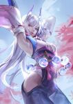  1girl absurdres bead_belt bead_necklace beads breasts cloud day detached_sleeves earrings grey_kimono highres horns japanese_clothes jewelry kassian_art kimono league_of_legends long_hair medium_breasts necklace official_alternate_costume outdoors parted_lips rope_belt sky solo spirit_blossom_(league_of_legends) spirit_blossom_syndra syndra tassel tassel_earrings white_hair wide_sleeves 