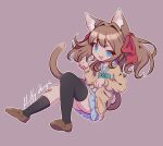  1girl :d absurdres animal_ear_fluff animal_ears asymmetrical_legwear bandaid bandaid_on_knee bandaid_on_leg black_socks black_thighhighs blue_eyes blue_sailor_collar blue_skirt bow bowtie brown_footwear brown_tail cardigan cat_ears cat_tail fang floating_hair green_bow green_bowtie hair_intakes hair_ribbon hands_up highres indie_virtual_youtuber knees_up light_brown_hair loafers long_hair looking_at_viewer neuro-sama open_mouth paw_pose pink_background pleated_skirt raised_eyebrow red_ribbon ribbon sailor_collar school_uniform serafuku shoes signature single_sock single_thighhigh skin_fang skirt smile socks solo tail thighhighs two_side_up uneven_legwear usagii_(nydk8775) virtual_youtuber yellow_cardigan 