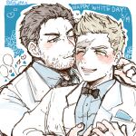  2boys bara beard beard_stubble biting blush bow bowtie chris_redfield collared_shirt ear_biting facial_hair ge2n_s hand_under_clothes heart husband_and_husband jewelry male_focus mature_male multiple_boys mustache_stubble piers_nivans resident_evil ring shirt short_hair sideburns_stubble sketch stubble suit thick_eyebrows upper_body white_day white_suit yaoi 