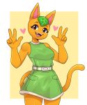  &lt;3 2023 5_fingers animal_crossing anthro artkett1412 clothed clothing domestic_cat double_v_sign dress eyelashes fangs felid feline felis female fingers gesture green_clothing green_dress hi_res looking_at_viewer mammal nintendo open_mouth open_smile simple_background smile solo tail tangy_(animal_crossing) teeth v_sign 