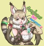  1girl animal_ears anniversary bare_shoulders belt camouflage cat_ears cat_girl cat_tail elbow_gloves extra_ears fingerless_gloves gloves green_background green_eyes grey_hair highres jungle_cat_(kemono_friends) kemono_friends kemono_friends_v_project long_hair looking_at_viewer microphone ribbon shirt simple_background skirt solo tail taku_san39 twintails virtual_youtuber 