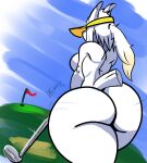  anthro big_butt bovid breasts butt caprine clothing female flag goat golf_club hat headgear headwear holding_golf_club huge_butt jeffron mammal nude solo thick_thighs visor_cap 