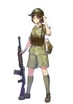  1girl absurdres adjusting_clothes adjusting_headwear assault_rifle bag bandaid bandaid_on_arm bandaid_on_hand blood blood_on_clothes breasts brown_footwear brown_hair chinese_commentary closed_mouth collared_shirt full_body green_bag green_headwear green_jacket green_shorts gun hand_up hat highres holding holding_gun holding_weapon jacket leg_wrap looking_at_viewer medium_breasts military military_hat military_uniform original rifle shirt shoes short_hair short_sleeves shorts shoulder_bag simple_background solo standing tuziki_sang uniform weapon white_background white_shirt yellow_eyes 