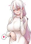  1girl 2poet 9a-91_(girls&#039;_frontline) absurdres blush breasts closed_eyes commentary_request girls&#039;_frontline hair_between_eyes hand_on_own_stomach heart highres korean_commentary large_breasts long_hair long_sleeves low_ponytail lower_teeth_only open_mouth simple_background solo sweater teeth upper_body white_background white_hair white_sweater 