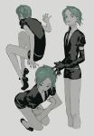  1other black_footwear black_gloves black_necktie black_shorts dashi_umm elbow_gloves gem_uniform_(houseki_no_kuni) gloves green_eyes green_hair highres houseki_no_kuni looking_at_viewer multiple_views necktie phosphophyllite short_hair short_sleeves shorts 