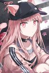  1other akiyama_mizuki androgynous animal_ears baseball_cap black_choker black_headwear bokutachi_no_seizon_tousou_(project_sekai) cat_ears choker closed_mouth dot_nose hair_down hat kaesmedubu long_hair long_sleeves looking_at_viewer official_alternate_costume official_alternate_hairstyle paw_print pink_background pink_hair pink_ribbon project_sekai ribbon solo 