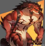 1boy abs absurdres animal_print bag bara beak black_sclera bulge cat_print colored_sclera dragon_boy dragon_horns feet_out_of_frame furry furry_male highres horns large_pectorals male_focus monster_hunter_(series) muscular muscular_male nude pectorals rathalos rathalosx4 scales short_hair shoulder_bag sideburns solo stomach thighs 