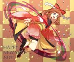  1girl :d blue_eyes bow checkered_background confetti full_body hair_bow happy_new_year hari611 japanese_clothes kimono long_sleeves looking_at_viewer may_(pokemon) obi open_mouth pokemon pokemon_(game) pokemon_oras red_bow red_kimono sash smile solo teeth twitter_username upper_teeth_only wide_sleeves 