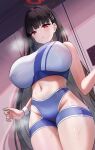  1girl absurdres alternate_costume black_hair blue_archive blush breasts dishui_tangni from_below groin highres hip_vent huge_breasts locker locker_room looking_down navel red_eyes rio_(blue_archive) solo sports_bra steaming_body stomach sweat two-tone_sports_bra wristband 