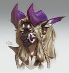  absurd_res anthro black_body blonde_hair bust_portrait ear_piercing ear_stud eyelashes facial_piercing female gauged_ear gold_piercing hair hi_res horn looking_at_viewer marie_merkh nose_piercing piercing portrait purple_horn purple_inner_ear purple_teeth red_sclera septum_piercing solo white_body yellow_eyes 